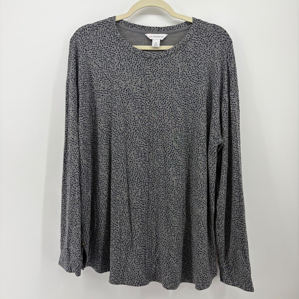 Liz Claiborne Womens XL Gray Navy Blue Long Sleeve Abstract Dot Crew Neck Top